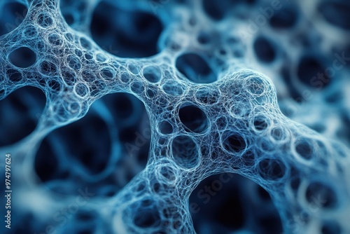 A complex network of blue fibers with a web-like structure, evoking a biological or molecular theme in an abstract close-up view. The intricate design suggests connectivity and organic growth