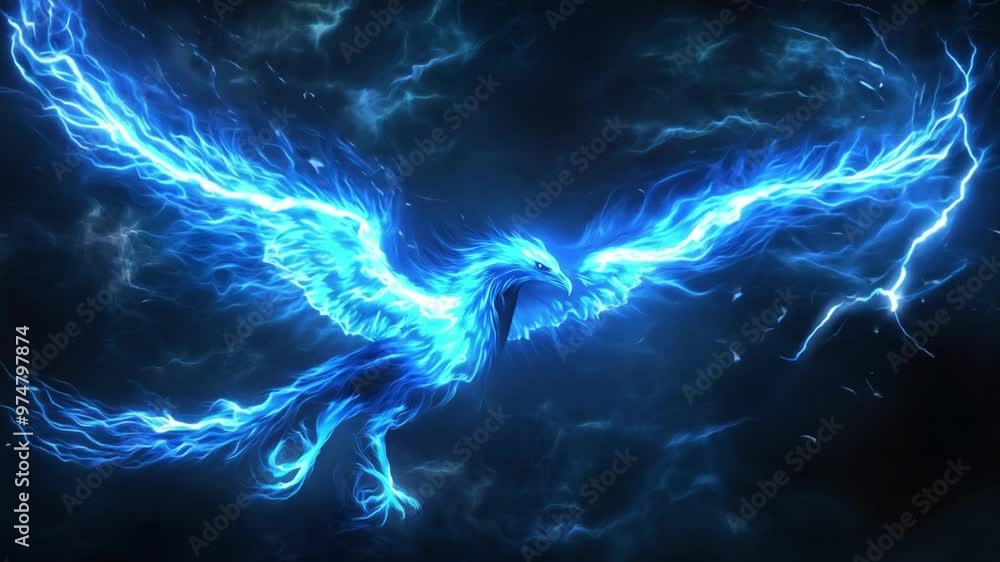 The blue phoenix spreads its wings, surrounded by dark clouds, emitting a powerful, electrifying glow of energy and life The blue phoenix spreads its wings, surrounded by dark clouds, emitting a powerful, electrifying glow of energy and life