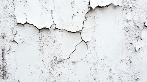 A close-up of a cracked white wall showcasing texture and age, ideal for backgrounds in design and art projects.