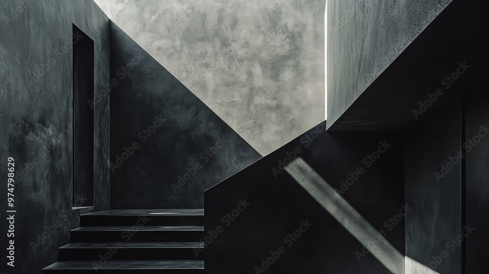 An abstract, modern staircase design featuring geometric shapes and shadow play, perfect for artistic architectural themes. An abstract, modern staircase design featuring geometric shapes and shadow play, perfect for artistic architectural themes.