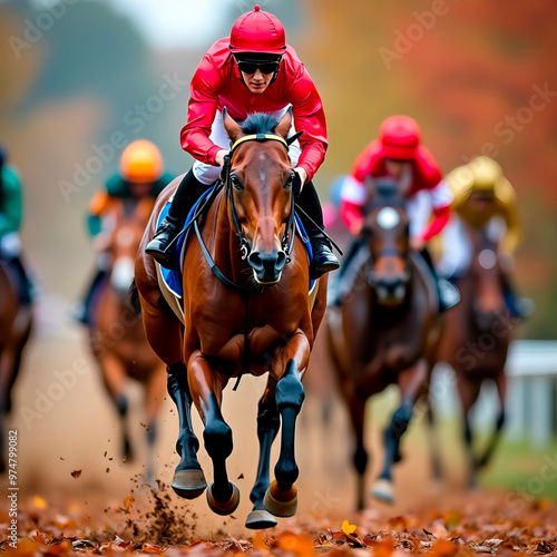 Jockey in red races towards victory, autumn leaves blurring behind, capturing fierce speed and determination of Melbourne premier horse racing events