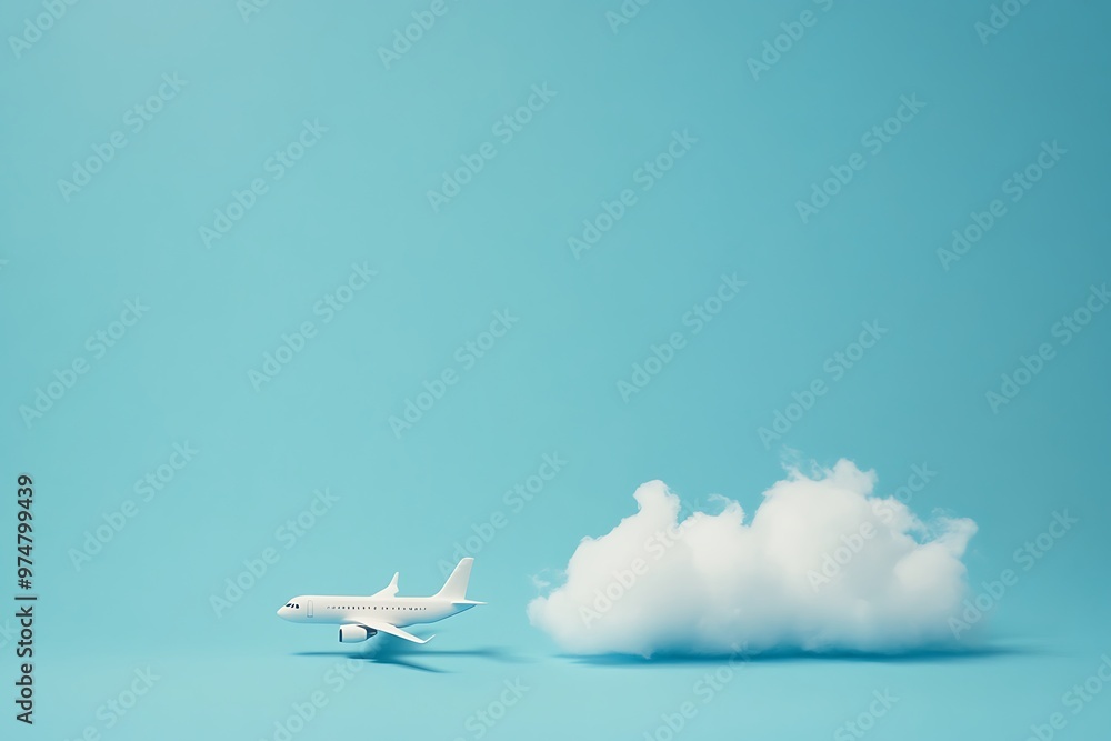 White model airplane flying over a cloud on blue background White model airplane flying over a cloud on blue background