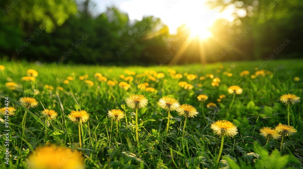Fototapeta premium Vibrant meadow with yellow dandelion flowers and healthy green grass in a natural environment