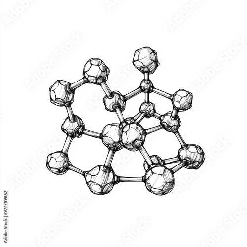 Intricate hand-drawn sketch of endorphin molecules, capturing the detailed connections and geometric forms of neurotransmitters, emphasizing their complex molecular structure photo