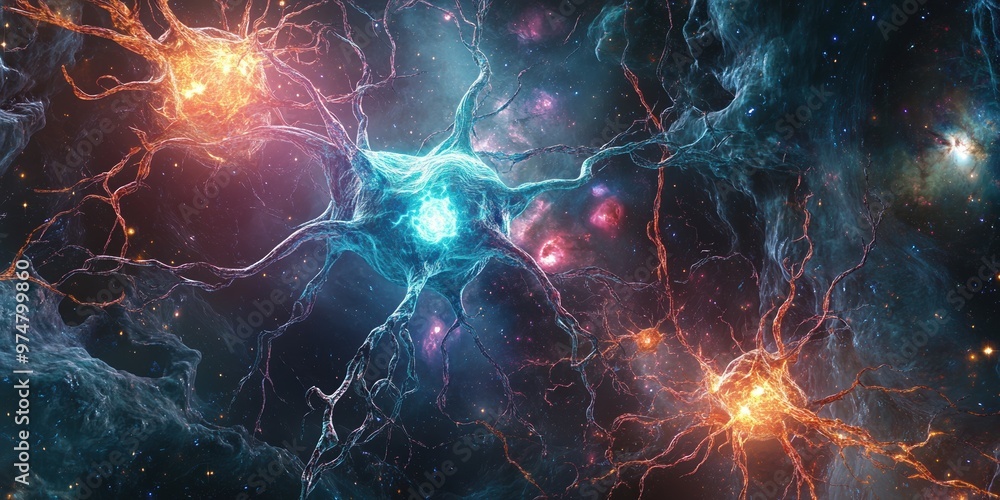 Stylized neuron cells resembling vibrant cosmic entities, with glowing synapses connected by branching networks, set in a galaxy-like environment Stylized neuron cells resembling vibrant cosmic entities, with glowing synapses connected by branching networks, set in a galaxy-like environment