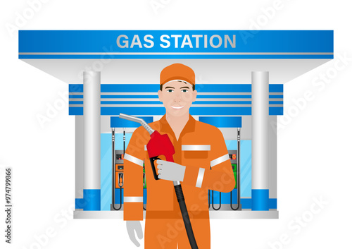 Worker in Uniform Refuel or Fill up Fuel to Car at Gas Station. Vector Illustration. 