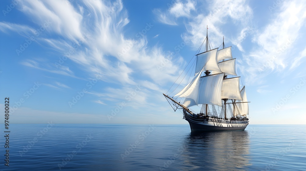 Fototapeta premium A majestic sailing ship gliding across a calm sea under a clear blue sky with soft clouds in the background