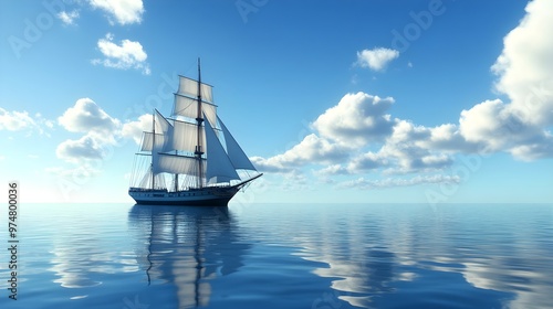 A majestic sailing ship gliding across a calm sea under a clear blue sky with soft clouds in the background