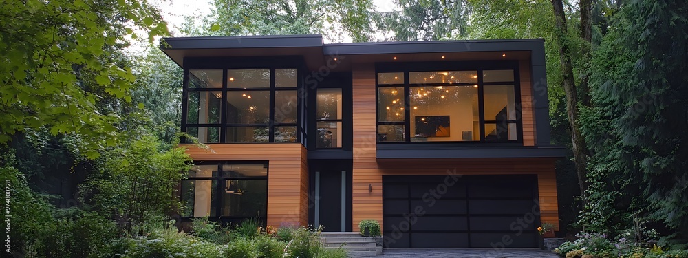 Modern two-story house with large windows, a black garage door, and wood accents Modern two-story house with large windows, a black garage door, and wood accents