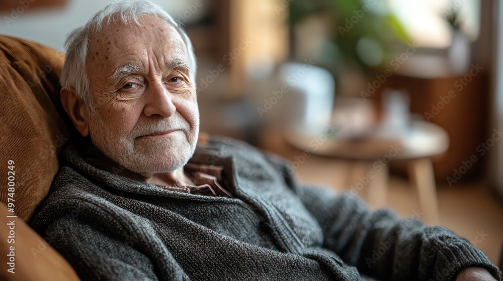 A smiling elderly man relaxing in a cozy armchair, exuding warmth and contentment in a bright, inviting living space. A smiling elderly man relaxing in a cozy armchair, exuding warmth and contentment in a bright, inviting living space.