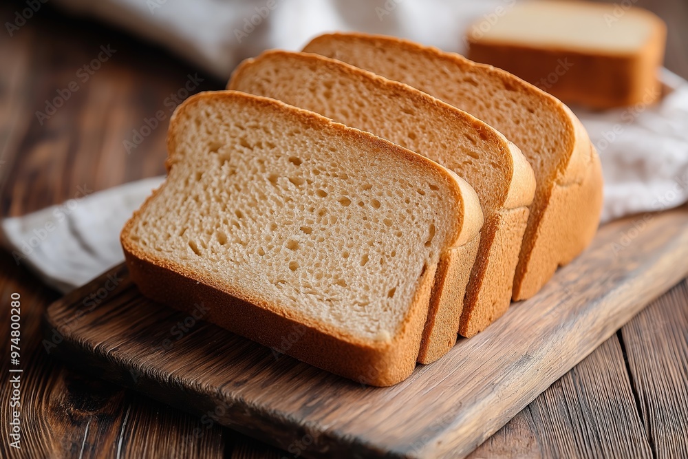 Neatly sliced pieces of bread displayed on a wooden board, perfect for breakfast or sandwich preparations. Neatly sliced pieces of bread displayed on a wooden board, perfect for breakfast or sandwich preparations.