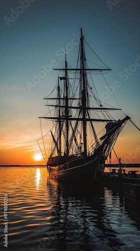 A vintage ship docked at a serene harbor during sunset, casting a warm glow on the water