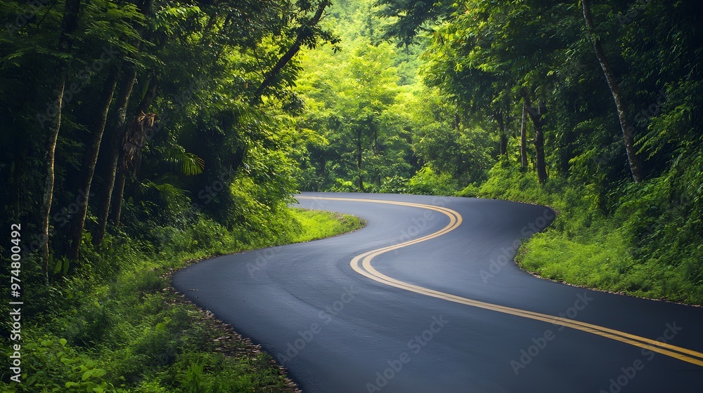 A winding asphalt road surrounded by lush greenery on a sunny day A winding asphalt road surrounded by lush greenery on a sunny day