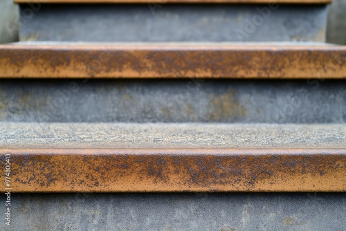 Close-up of rustic, iron steps featuring worn treads and a weathered finish, emphasizing texture. photo