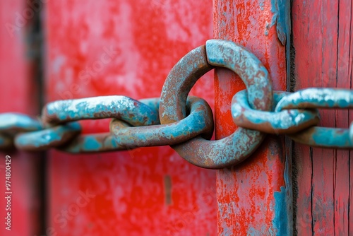 Detailed view of a rusty iron chain linked to an old red-painted structure, showcasing texture and age. photo