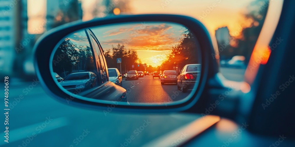 A rearview mirror captures the view of the sunset and traffic on the road, creating a beautiful juxtaposition of light and motion. A rearview mirror captures the view of the sunset and traffic on the road, creating a beautiful juxtaposition of light and motion.