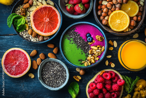 Healthy Breakfast Smoothie Bowl with Green, Pink, and Orange Ingredients