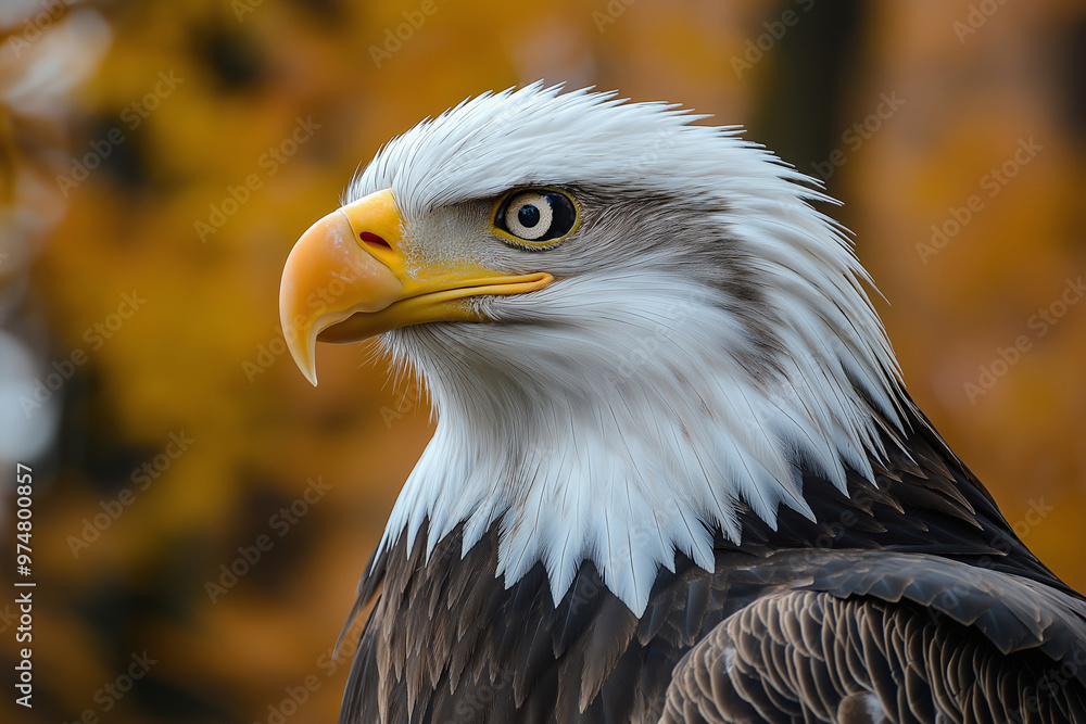 Fototapeta premium A close-up headshot of a majestic bald eagle with a striking background, highlighting its powerful beak and piercing eyes.
