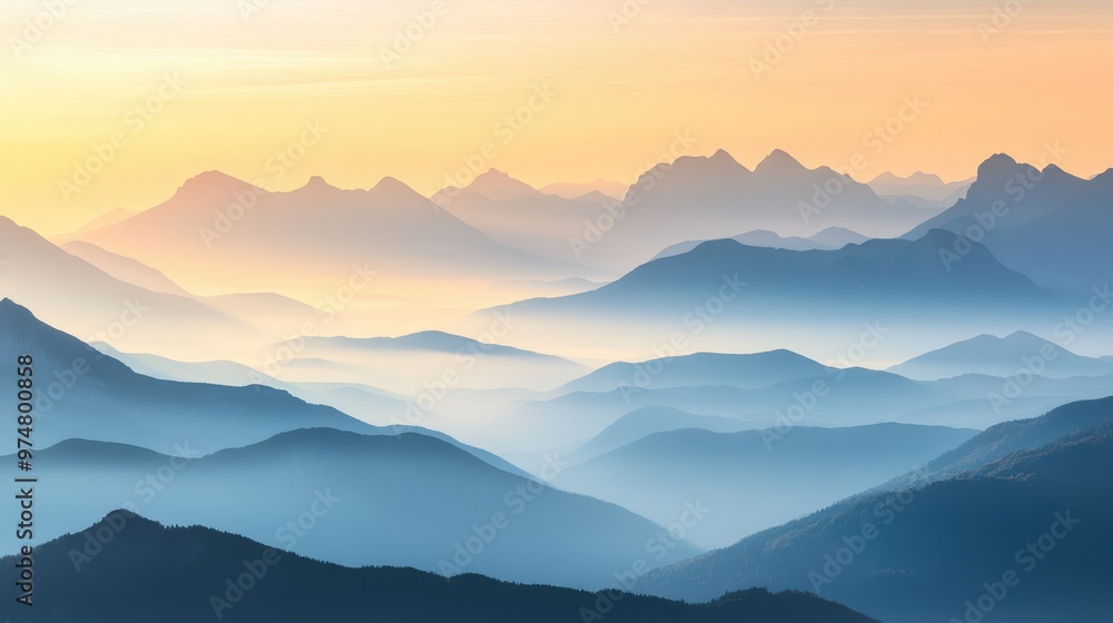 Obraz premium Serene mountain landscape at sunrise, showcasing layers of peaks and soft atmospheric hues.