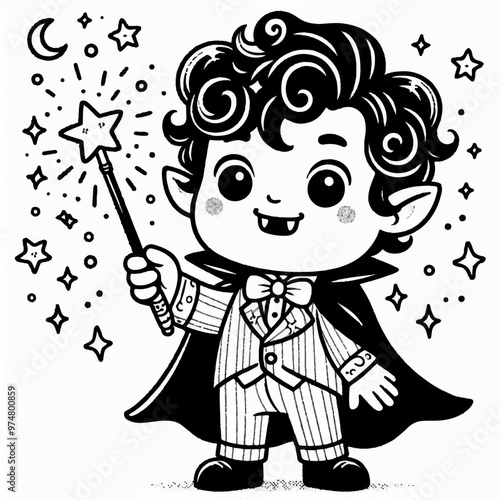 vampire boy with magic wand and suit Halloween kids coloring page