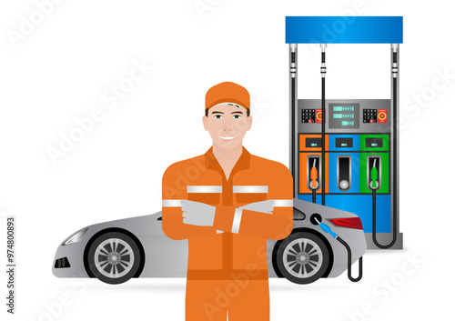 Worker in Uniform Refuel or Fill up Fuel to Car at Gas Station. Vector Illustration. 