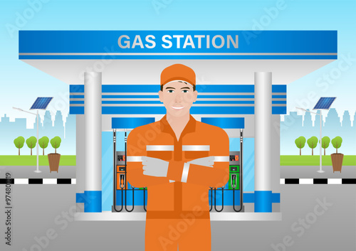 Worker in Uniform Refuel or Fill up Fuel to Car at Gas Station. Vector Illustration. 
