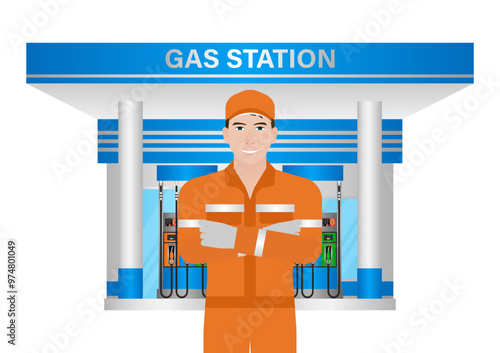 Worker in Uniform Refuel or Fill up Fuel to Car at Gas Station. Vector Illustration. 