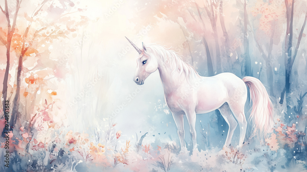 Majestic white unicorn standing in enchanted forest, soft pastel tones Majestic white unicorn standing in enchanted forest, soft pastel tones