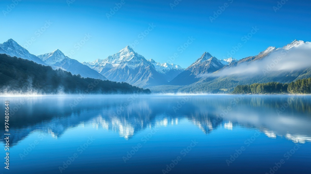 Fototapeta premium Serene mountain landscape reflecting in a tranquil lake under a clear blue sky.