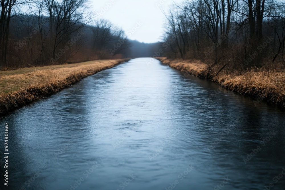A serene river flows calmly between bare trees and golden grass, capturing the peaceful essence of nature in a tranquil landscape. A serene river flows calmly between bare trees and golden grass, capturing the peaceful essence of nature in a tranquil landscape.