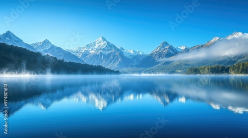 Serene mountain landscape reflecting in a tranquil lake under a clear blue sky.