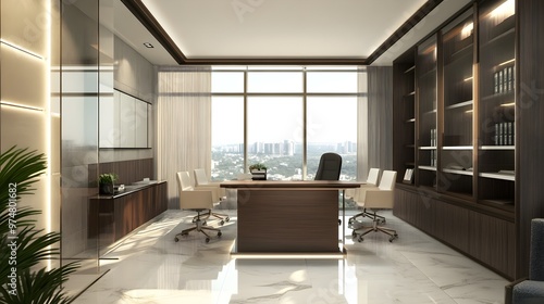 A modern law office with sleek furniture and a large window allowing natural light to flood the space photo