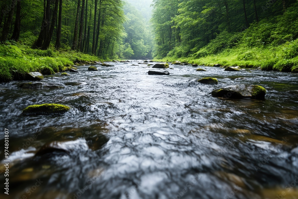 Obraz premium A serene river flows through a lush green forest, showcasing the beauty of nature and tranquility.