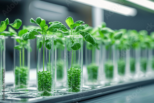 Rows of genetically modified plants growing in nutrient rich solutions showcase innovative agricultural techniques. These vibrant green plants symbolize progress in biotechnology and sustainable farmi photo