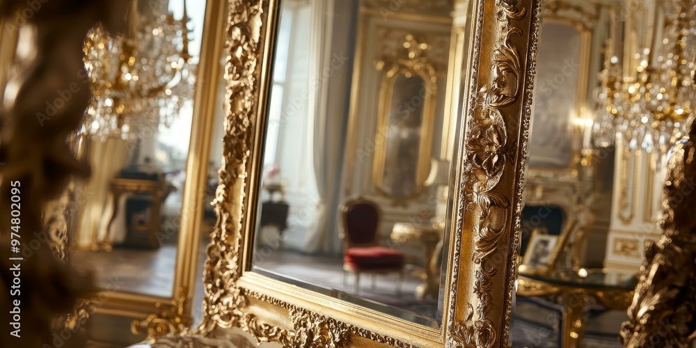 Obraz premium Ornate golden frame, reflecting a luxurious room.