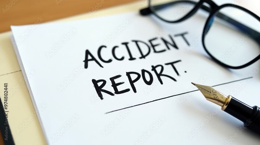 Fototapeta premium Accident report document with fountain pen and glasses