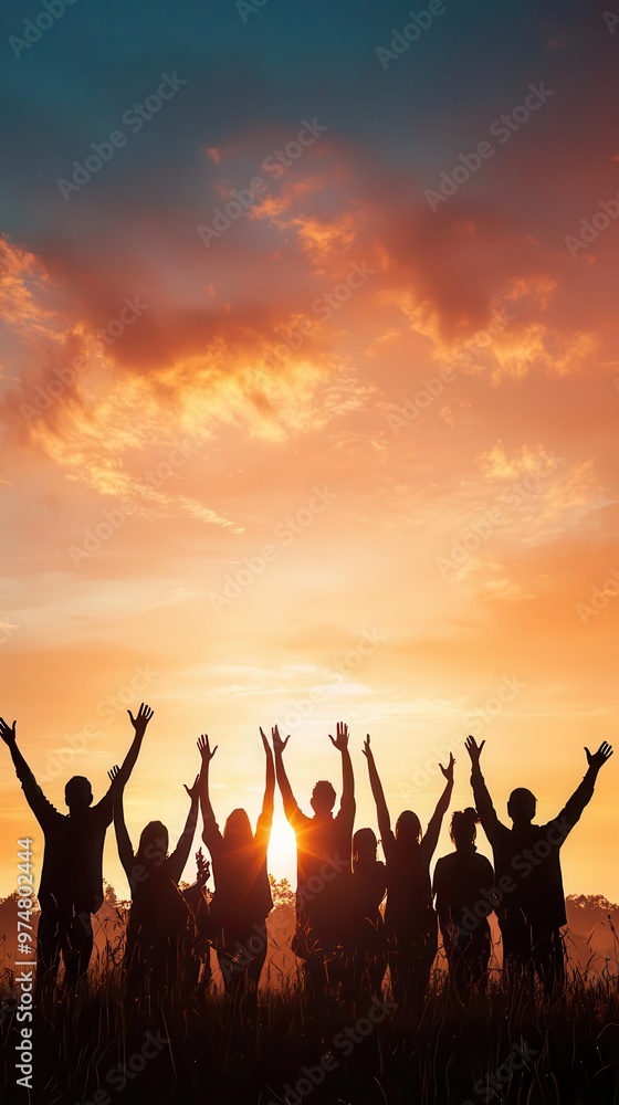 Silhouette of worshippers at sunrise, arms raised, sky illuminated with divine light Silhouette of worshippers at sunrise, arms raised, sky illuminated with divine light