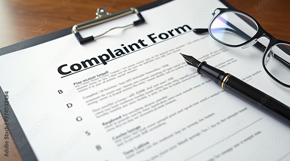 Fountain pen and glasses on a complaint form document Fountain pen and glasses on a complaint form document