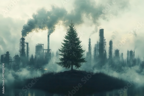 surreal landscape depicting a chemical plants ominous smoke plumes juxtaposed with a resilient green tree symbolizing the struggle between industry and nature photo