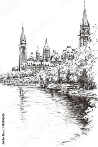 Ottawa, Canada, black and white pen pencil hand-drawn effect portrait drawing illustration for travel poster, card, wallpaper, backdrop or banner. Modern, clear, artistic and simple