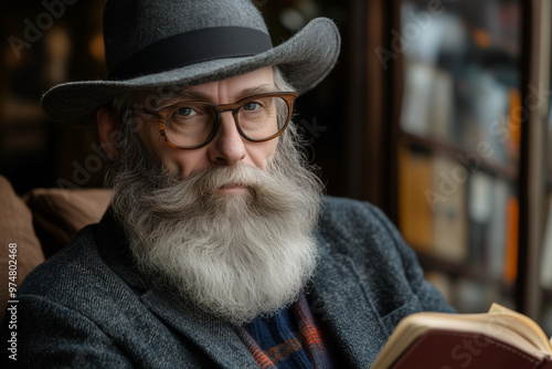 man with a gray hat and glasses is sitting in a chair with a book in his lap