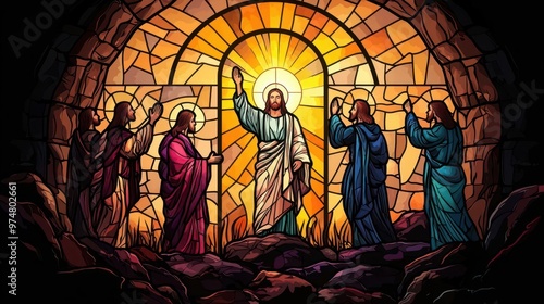 Worshippers in awe before a majestic stained glass window depicting Jesus resurrection, vibrant colors