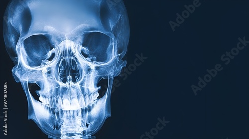 An artistic representation of an x-ray image highlighting a human skull with detailed features and copy space