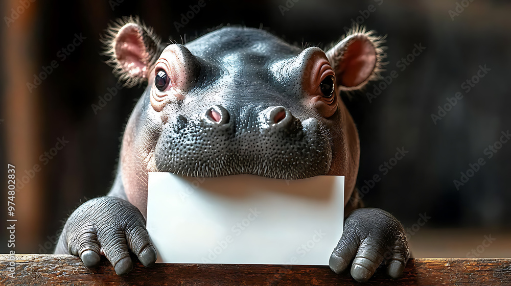 A hippopotamus is holding a white square sign.
