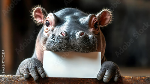 Obraz na płótnie A hippopotamus is holding a white square sign. w salonie