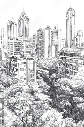 Padang, Indonesia, black and white pen pencil hand-drawn effect portrait drawing illustration for travel poster, card, wallpaper, backdrop or banner. Modern, clear, artistic and simple