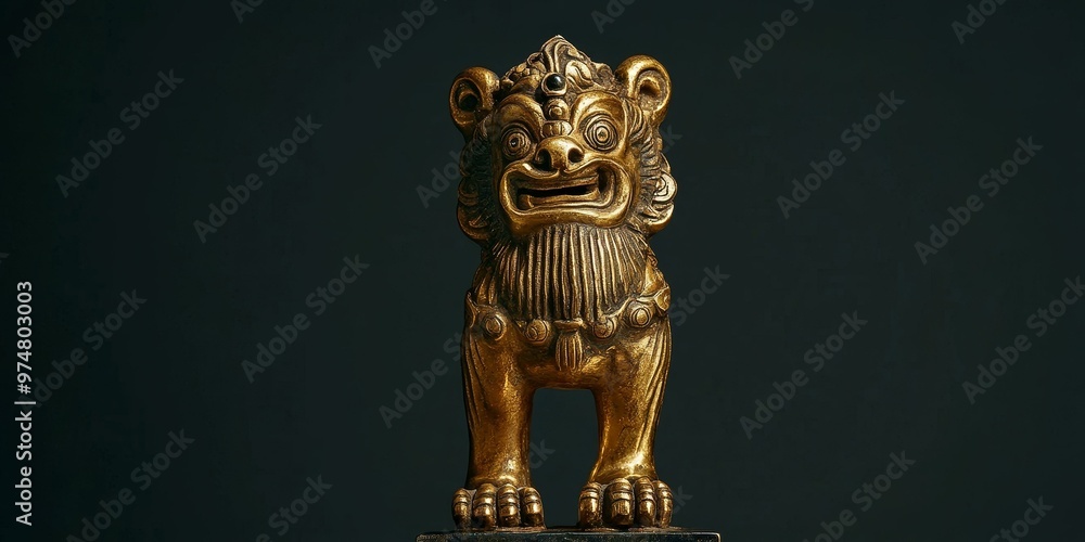 Golden lion statue with ornate details. Golden lion statue with ornate details.