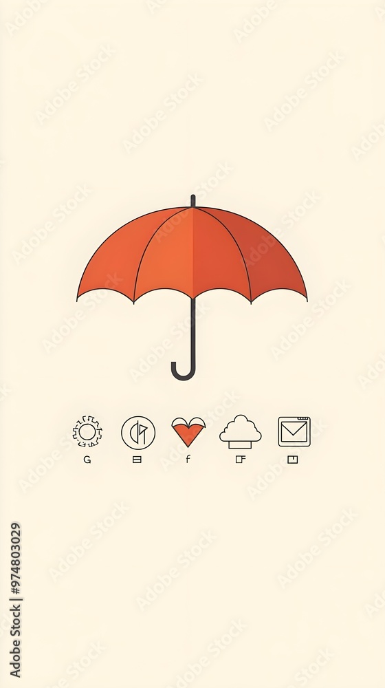 A minimalist illustration of an umbrella with icons of various insurance types underneath it, set against a light solid color background A minimalist illustration of an umbrella with icons of various insurance types underneath it, set against a light solid color background