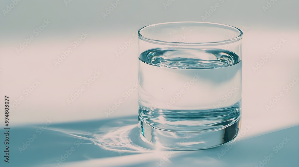 A close-up of a glass of water representing clarity, with soft ripples reflecting light, against a light solid color background A close-up of a glass of water representing clarity, with soft ripples reflecting light, against a light solid color background