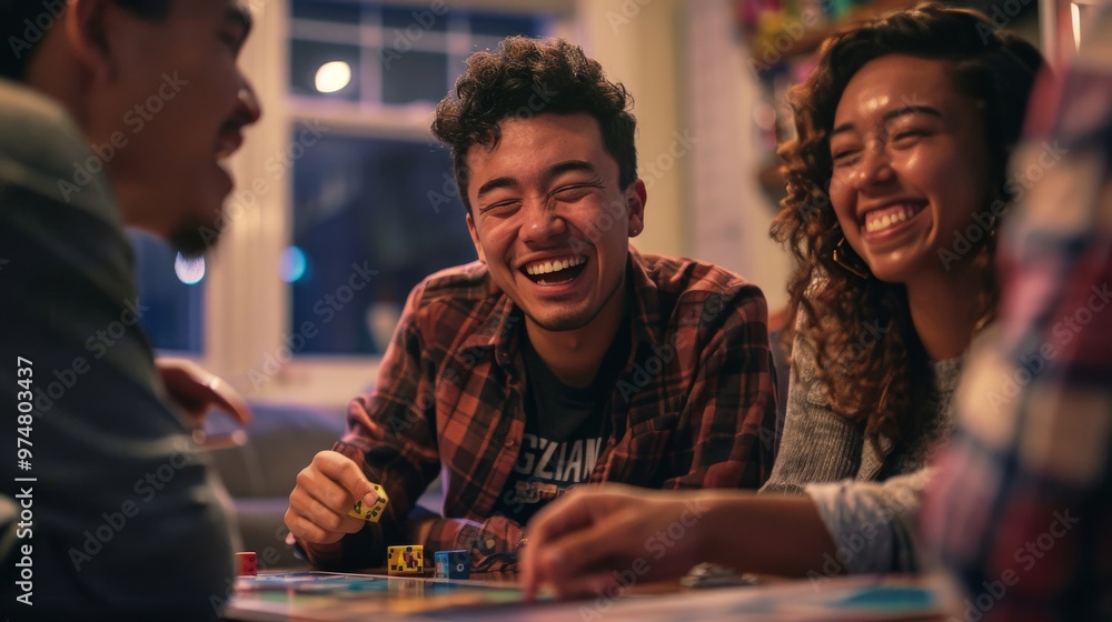 Fototapeta premium Group of friends having a fun game night at home, playing board games and laughing